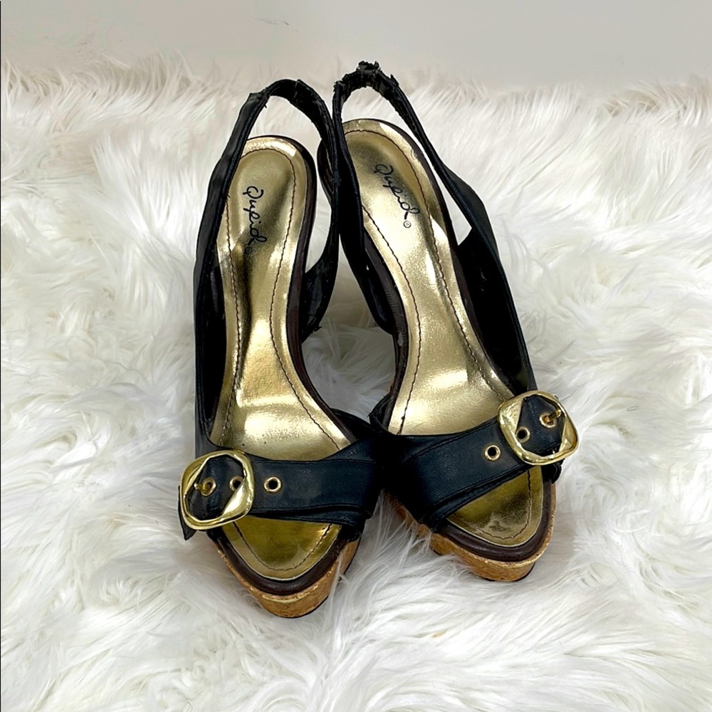 Vintage Black Gold buckle heels Cupid 8 fits 7/7.5 flawed peeling slingback